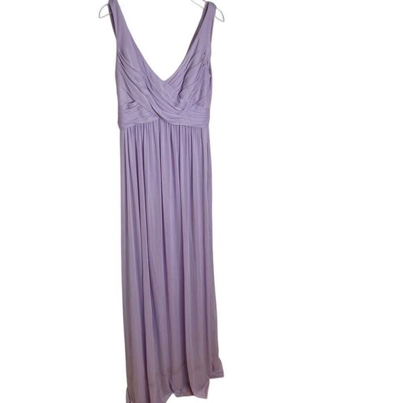 David’s Bridal Iris Long Mesh Dress with Cowl Back Detail Lavender Purple Maxi 4 - Picture 4 of 13